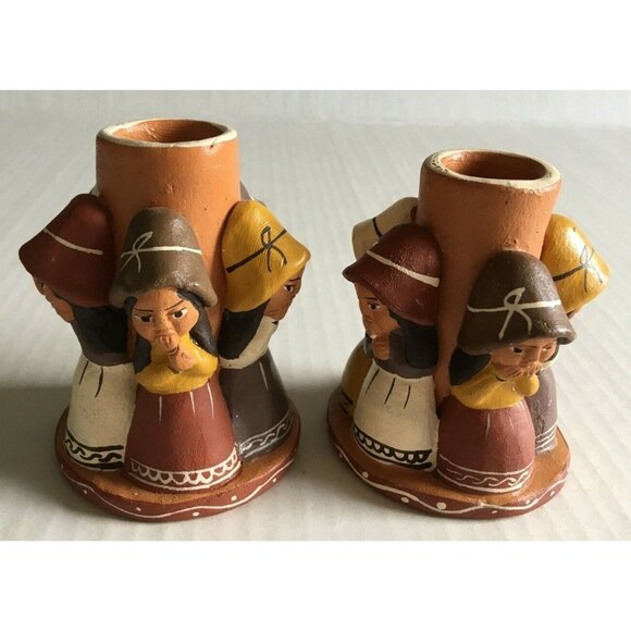 Vintage Handmade Ethnic Candle Holders Set Of 2 3 1/4"* 2.5" - Picture 2 of 4